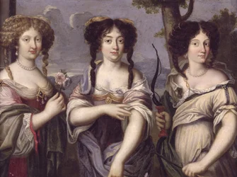 Porträtt av tre av kardinal Mazarins systerdotter porträtterade som gudinnor, Venus, Juno och Diana (olja på koppar)